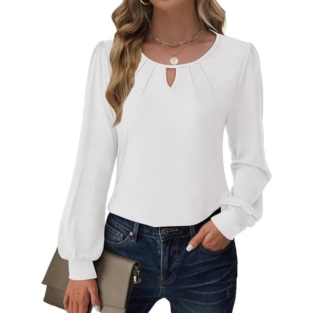BMJL White Keyhole Blouse Small Pleated Puff Sleeve Officecore Business